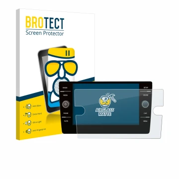 Face avant d’un emballage produit avec le logo de la marque BROTECT. À côté, l’appareil Volkswagen Golf 7 2019 Discover Media 