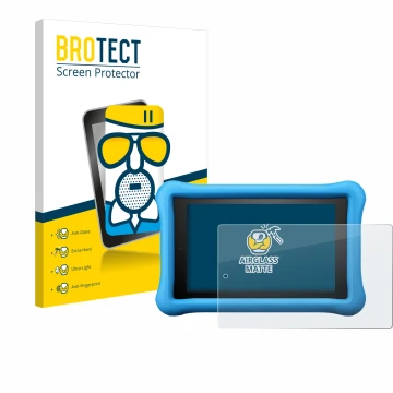 Face avant d’un emballage produit avec le logo de la marque BROTECT. À côté, l’appareil Amazon Fire HD 8 Kids Edition 2018 (8è