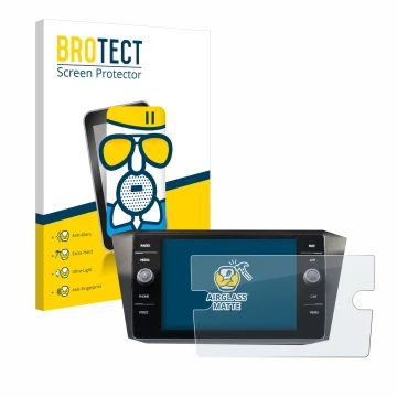 Face avant d’un emballage produit avec le logo de la marque BROTECT. À côté, l’appareil Volkswagen Tiguan Discover Media 8