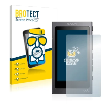 Face avant d’un emballage produit avec le logo de la marque BROTECT. À côté, l’appareil Sony Walkman A40 est représenté avec l