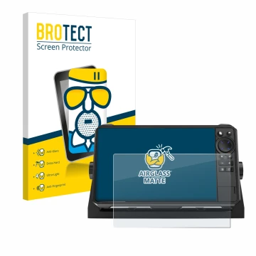 Face avant d’un emballage produit avec le logo de la marque BROTECT. À côté, l’appareil Lowrance HDS 9 Live Echolot est représ