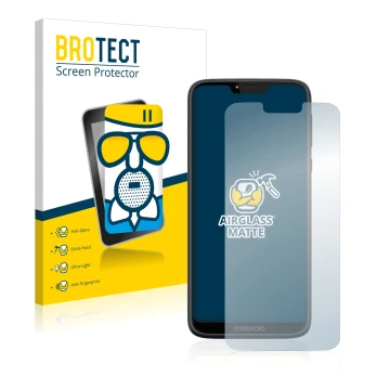 Face avant d’un emballage produit avec le logo de la marque BROTECT. À côté, l’appareil Motorola Moto G7 Power est représenté 