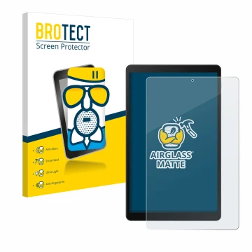 Face avant d’un emballage produit avec le logo de la marque BROTECT. À côté, l’appareil Samsung Galaxy Tab A 10.1 WiFi 2019 es