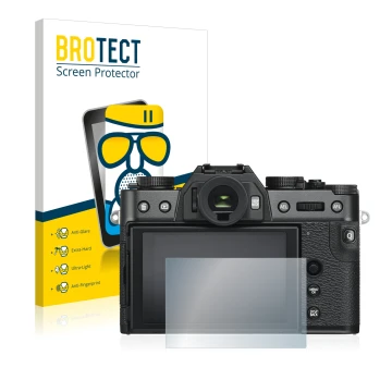 Face avant d’un emballage produit avec le logo de la marque BROTECT. À côté, l’appareil Fujifilm X-T30 est représenté avec la 