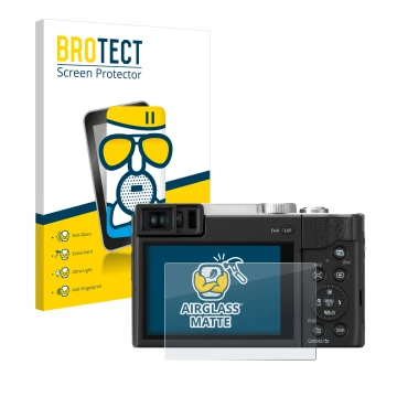 Face avant d’un emballage produit avec le logo de la marque BROTECT. À côté, l’appareil Panasonic Lumix DC-TZ96 est représenté