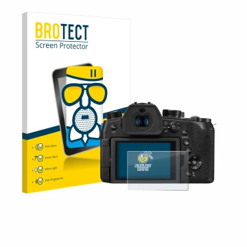 Face avant d’un emballage produit avec le logo de la marque BROTECT. À côté, l’appareil Panasonic Lumix DC-FZ1000 II est repré