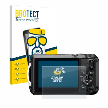 Face avant d’un emballage produit avec le logo de la marque BROTECT. À côté, l’appareil Ricoh WG-6 est représenté avec la prot