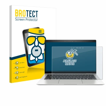 Face avant d’un emballage produit avec le logo de la marque BROTECT. À côté, l’appareil HP EliteBook x360 1030 G3 est représen