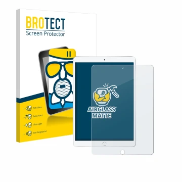 Face avant d’un emballage produit avec le logo de la marque BROTECT. À côté, l’appareil Apple iPad Air 2019 (3ème Gen.) est re