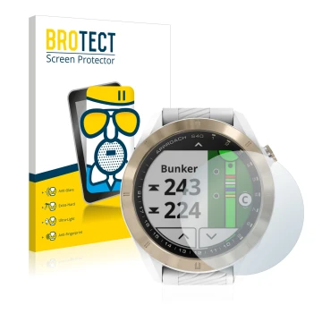 Face avant d’un emballage produit avec le logo de la marque BROTECT. À côté, l’appareil Garmin Approach S40 est représenté ave