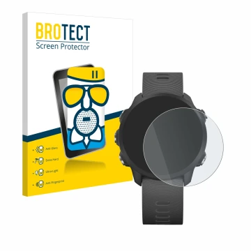 Face avant d’un emballage produit avec le logo de la marque BROTECT. À côté, l’appareil Garmin Forerunner 245 Music est représ