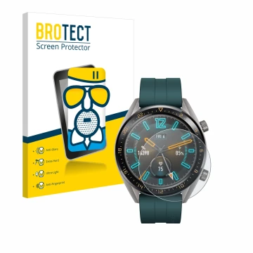 Face avant d’un emballage produit avec le logo de la marque BROTECT. À côté, l’appareil Huawei Watch GT Active est représenté 