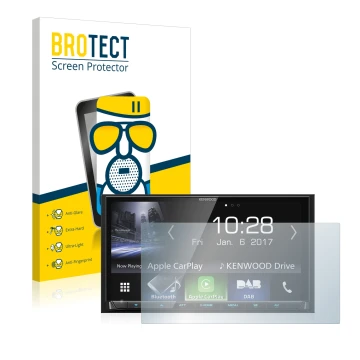 Face avant d’un emballage produit avec le logo de la marque BROTECT. À côté, l’appareil Kenwood DMX7017DABS est représenté ave
