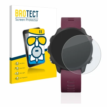 Face avant d’un emballage produit avec le logo de la marque BROTECT. À côté, l’appareil Garmin Forerunner 245 est représenté a