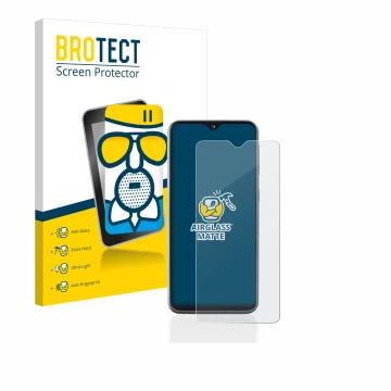 Face avant d’un emballage produit avec le logo de la marque BROTECT. À côté, l’appareil Samsung Galaxy A20e est représenté ave
