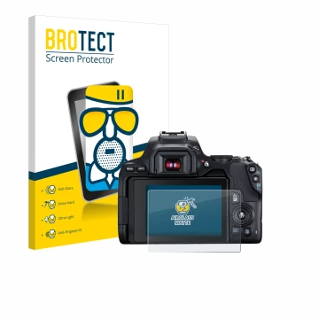 Face avant d’un emballage produit avec le logo de la marque BROTECT. À côté, l’appareil Canon EOS 250D est représenté avec la 