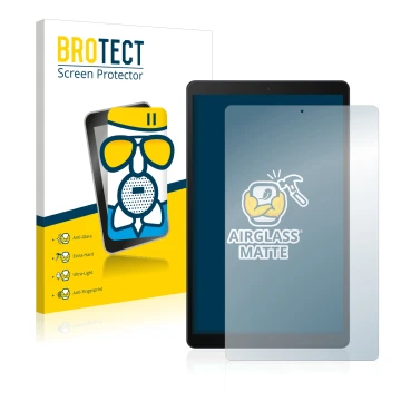 Face avant d’un emballage produit avec le logo de la marque BROTECT. À côté, l’appareil Samsung Galaxy Tab A 10.1 2019 est rep
