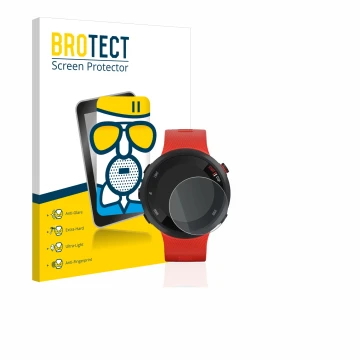 Face avant d’un emballage produit avec le logo de la marque BROTECT. À côté, l’appareil Garmin Forerunner 45 est représenté av