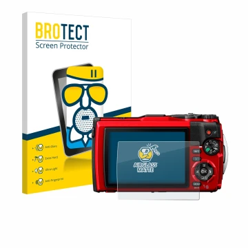 Face avant d’un emballage produit avec le logo de la marque BROTECT. À côté, l’appareil Olympus Tough TG-6 est représenté avec