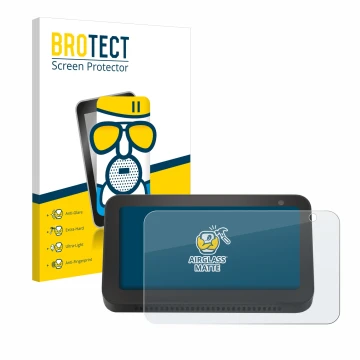 Face avant d’un emballage produit avec le logo de la marque BROTECT. À côté, l’appareil Amazon Echo Show 5 (2e Gen.) est repré