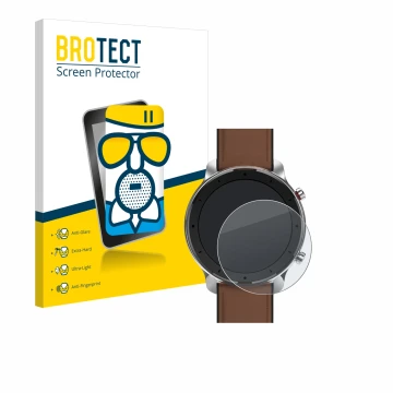 Face avant d’un emballage produit avec le logo de la marque BROTECT. À côté, l’appareil Huami Amazfit GTR (47 mm) est représen