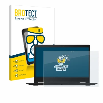 Face avant d’un emballage produit avec le logo de la marque BROTECT. À côté, l’appareil Lenovo ThinkPad X390 Yoga est représen