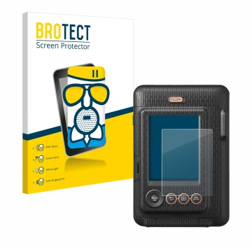 Face avant d’un emballage produit avec le logo de la marque BROTECT. À côté, l’appareil Fujifilm Instax Mini LiPlay est représ