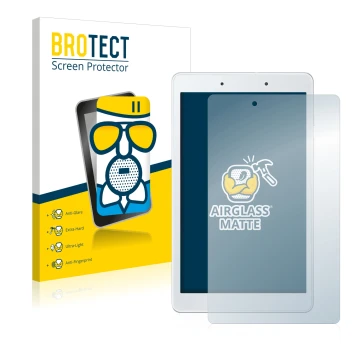 Face avant d’un emballage produit avec le logo de la marque BROTECT. À côté, l’appareil Samsung Galaxy Tab A 8.0 WiFi 2019 est