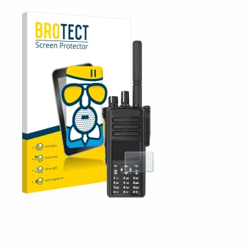 Face avant d’un emballage produit avec le logo de la marque BROTECT. À côté, l’appareil Motorola DP4801e est représenté avec l