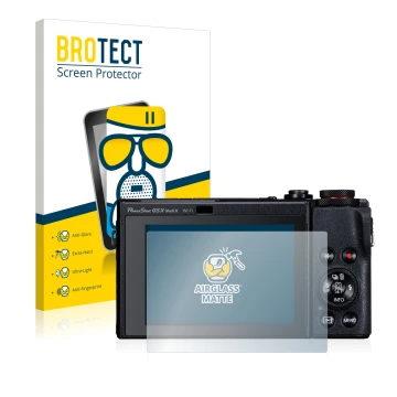 Face avant d’un emballage produit avec le logo de la marque BROTECT. À côté, l’appareil Canon PowerShot G5 X Mark II est repré