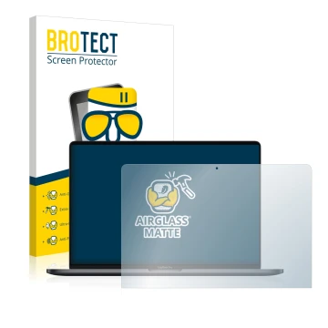 Face avant d’un emballage produit avec le logo de la marque BROTECT. À côté, l’appareil Apple MacBook Pro 13