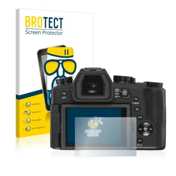 Face avant d’un emballage produit avec le logo de la marque BROTECT. À côté, l’appareil Leica V-LUX 5 est représenté avec la p
