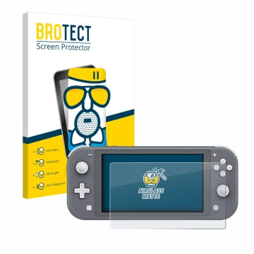 Face avant d’un emballage produit avec le logo de la marque BROTECT. À côté, l’appareil Nintendo Switch Lite est représenté av