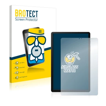 Face avant d’un emballage produit avec le logo de la marque BROTECT. À côté, l’appareil Samsung Galaxy Tab S6 WiFi 2019 est re