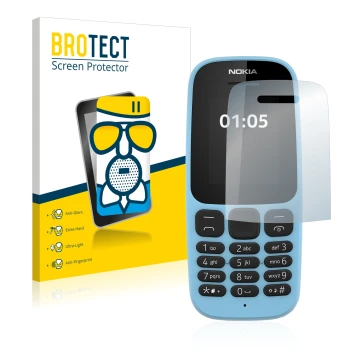 Face avant d’un emballage produit avec le logo de la marque BROTECT. À côté, l’appareil Nokia 105 2019 est représenté avec la 