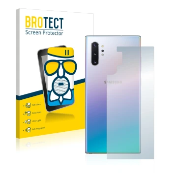 Face avant d’un emballage produit avec le logo de la marque BROTECT. À côté, l’appareil Samsung Galaxy Note 10 Plus (Arrière) 