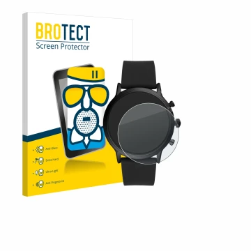 Face avant d’un emballage produit avec le logo de la marque BROTECT. À côté, l’appareil Fossil The Carlyle HR (5.Gen) est repr