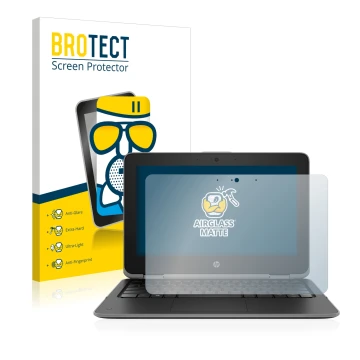 Face avant d’un emballage produit avec le logo de la marque BROTECT. À côté, l’appareil HP ProBook x360 11 G3 est représenté a