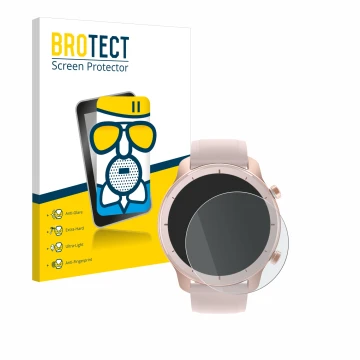 Face avant d’un emballage produit avec le logo de la marque BROTECT. À côté, l’appareil Huami Amazfit GTR (42 mm) est représen