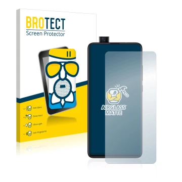 Face avant d’un emballage produit avec le logo de la marque BROTECT. À côté, l’appareil Xiaomi Mi 9T Pro est représenté avec l