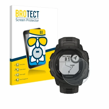Face avant d’un emballage produit avec le logo de la marque BROTECT. À côté, l’appareil Garmin Instinct Tactical Edition est r