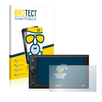 Face avant d’un emballage produit avec le logo de la marque BROTECT. À côté, l’appareil Sony XAV-AX1005DB est représenté avec 