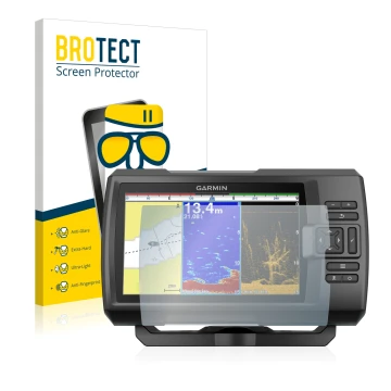 Face avant d’un emballage produit avec le logo de la marque BROTECT. À côté, l’appareil Garmin Striker Plus 9sv est représenté