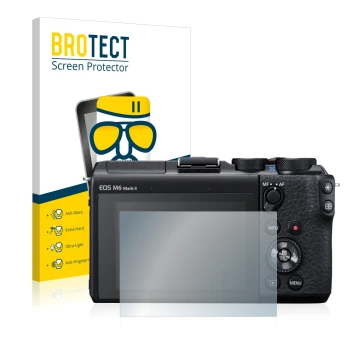 Face avant d’un emballage produit avec le logo de la marque BROTECT. À côté, l’appareil Canon EOS M6 Mark II est représenté av