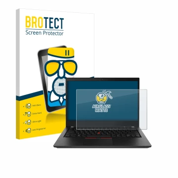 Face avant d’un emballage produit avec le logo de la marque BROTECT. À côté, l’appareil Lenovo ThinkPad T490 Non-Touch est rep