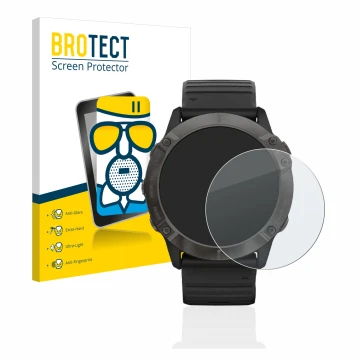Face avant d’un emballage produit avec le logo de la marque BROTECT. À côté, l’appareil Garmin Fenix 6X Pro est représenté ave