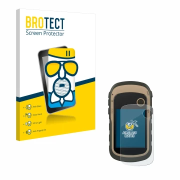 Face avant d’un emballage produit avec le logo de la marque BROTECT. À côté, l’appareil Garmin eTrex 32x est représenté avec l