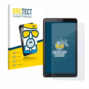 Face avant d’un emballage produit avec le logo de la marque BROTECT. À côté, l’appareil Lenovo Tab M7 est représenté avec la p