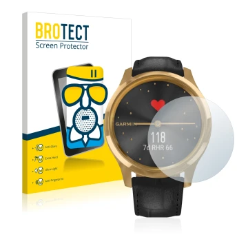 Face avant d’un emballage produit avec le logo de la marque BROTECT. À côté, l’appareil Garmin vivomove Luxe (42 mm) est repré