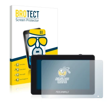 Face avant d’un emballage produit avec le logo de la marque BROTECT. À côté, l’appareil Feelworld F6 Plus est représenté avec 